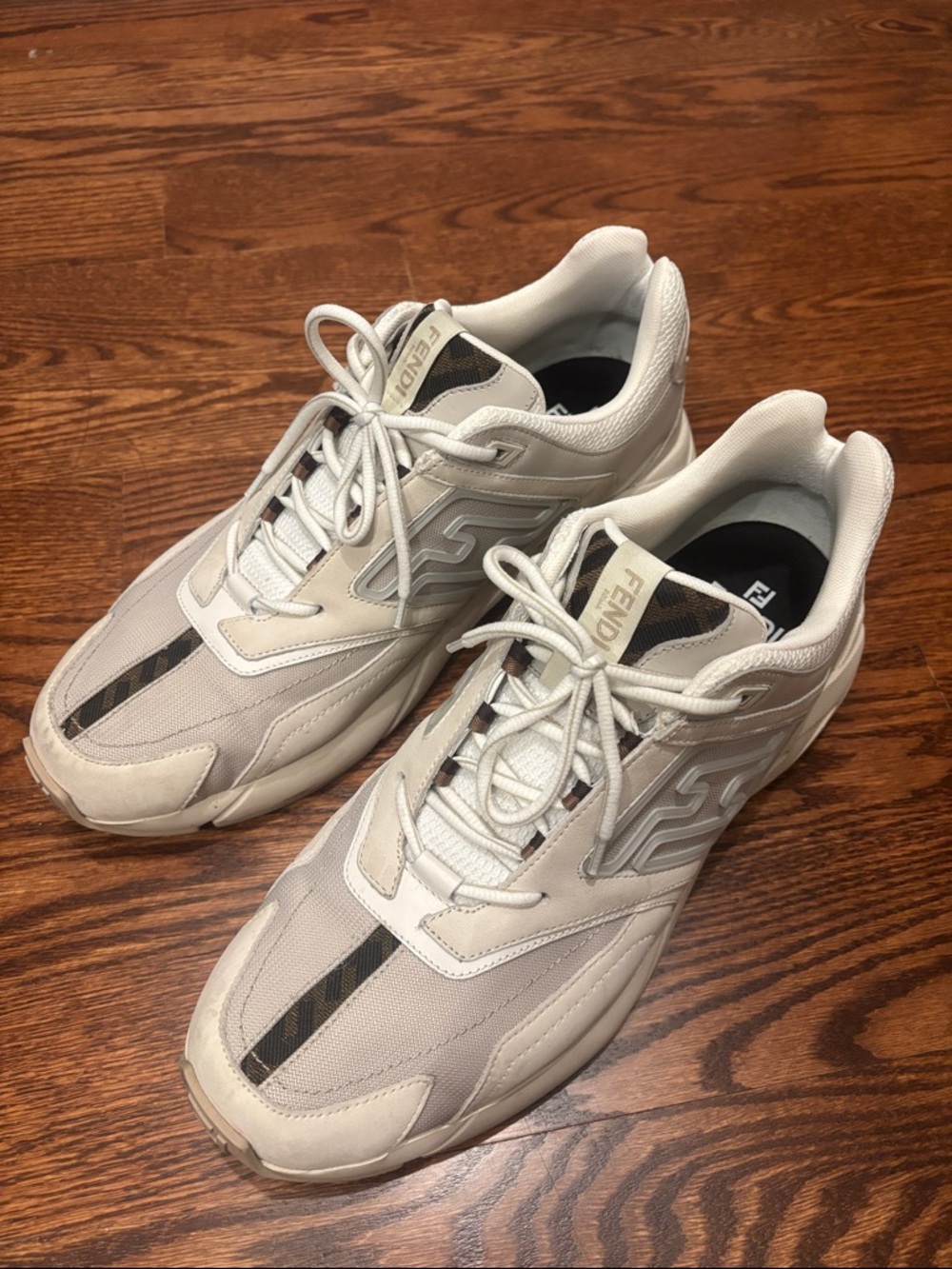 Fendi Men's Cream and White Low-Top Sneakers with FF Stripe